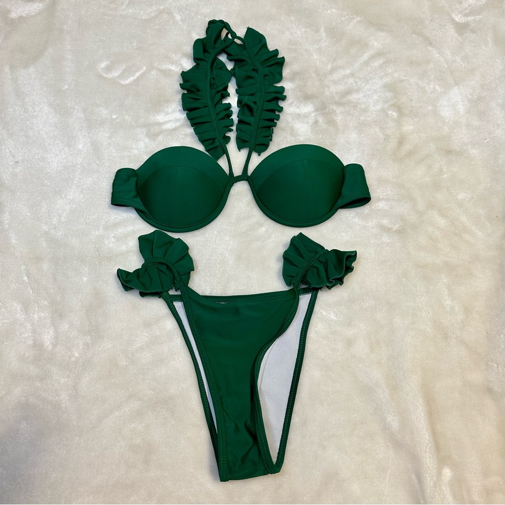 Sexy Green Ruffle Cheeky Padded Bikini Size Small
